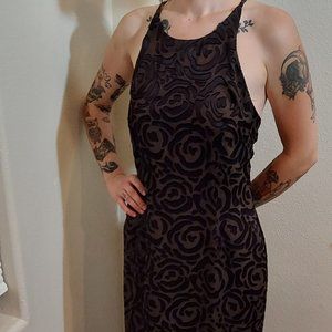 Vintage D.J. Summers- Brown with Brown Velvet Flowers Slip Maxi Dress
